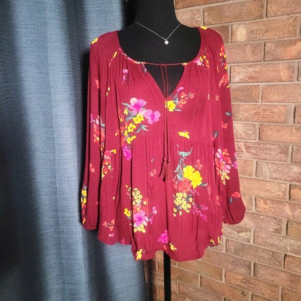 Old Navy Women's Burgandy/Floral Boho Peasant Flowy Blouse - Size XL Petite